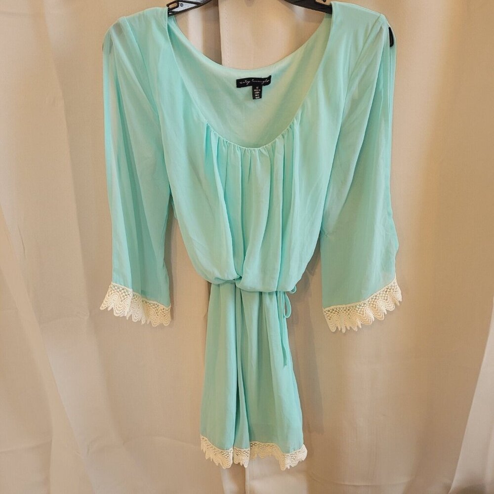 Vtg City Triangles Dress Medium Blue Green Lace Sheer Fairy Romantic Boho 17236x